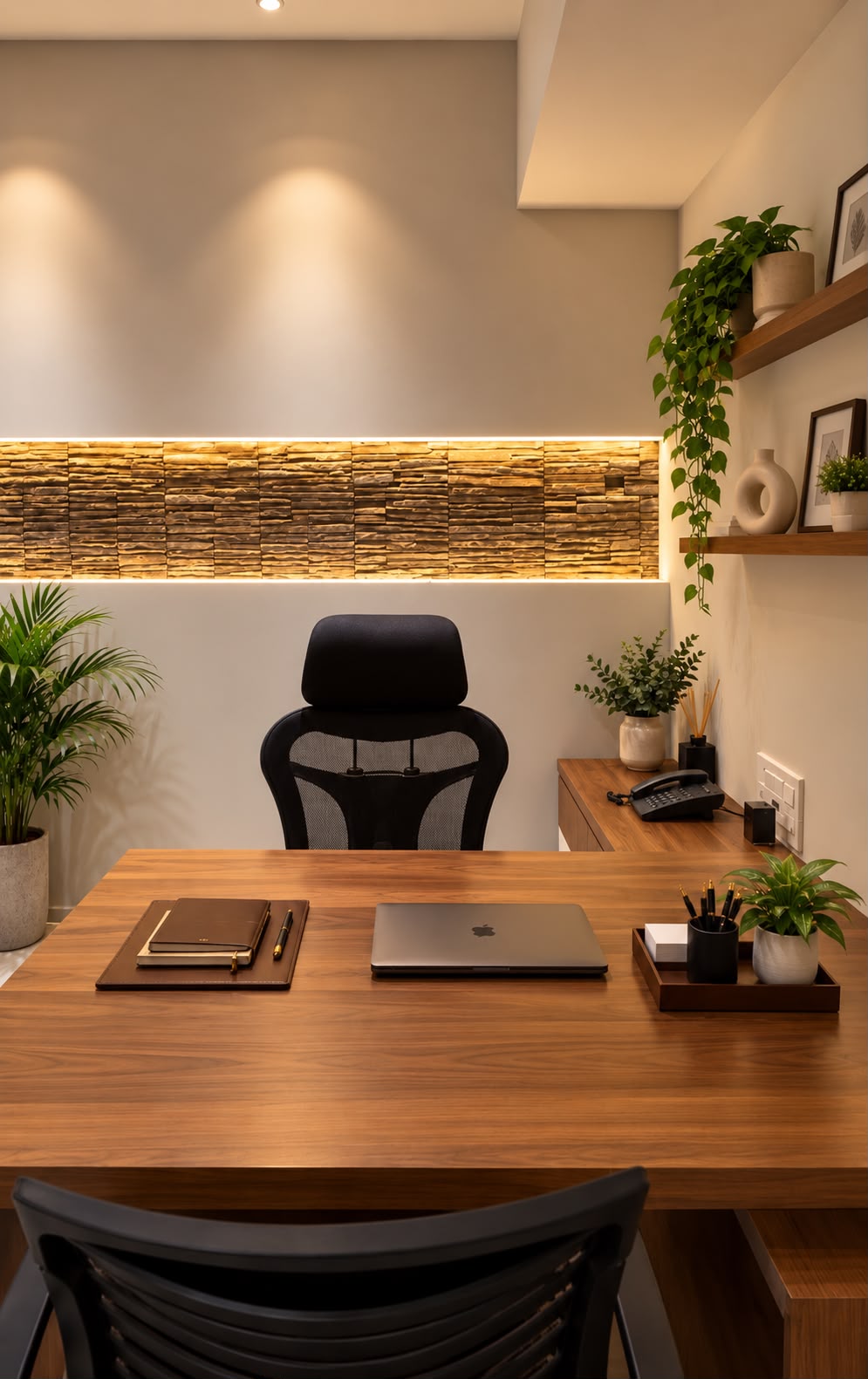 Close up of executive desk setup with textured stone wall accent